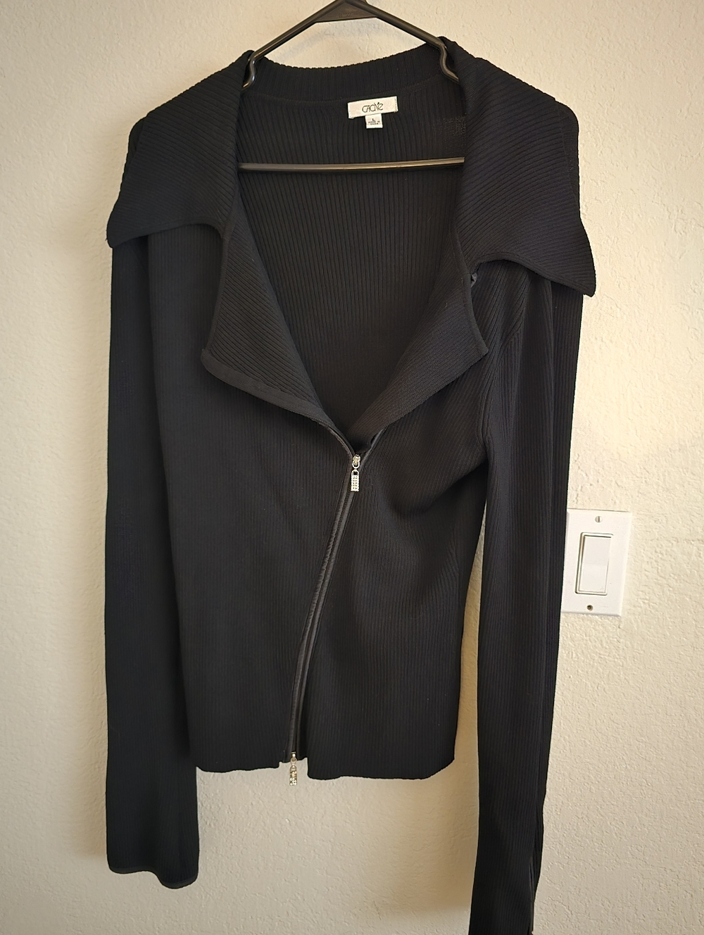 Cache Womens Black Ribbed Zip-Front Women's Moto Sweater Sz L